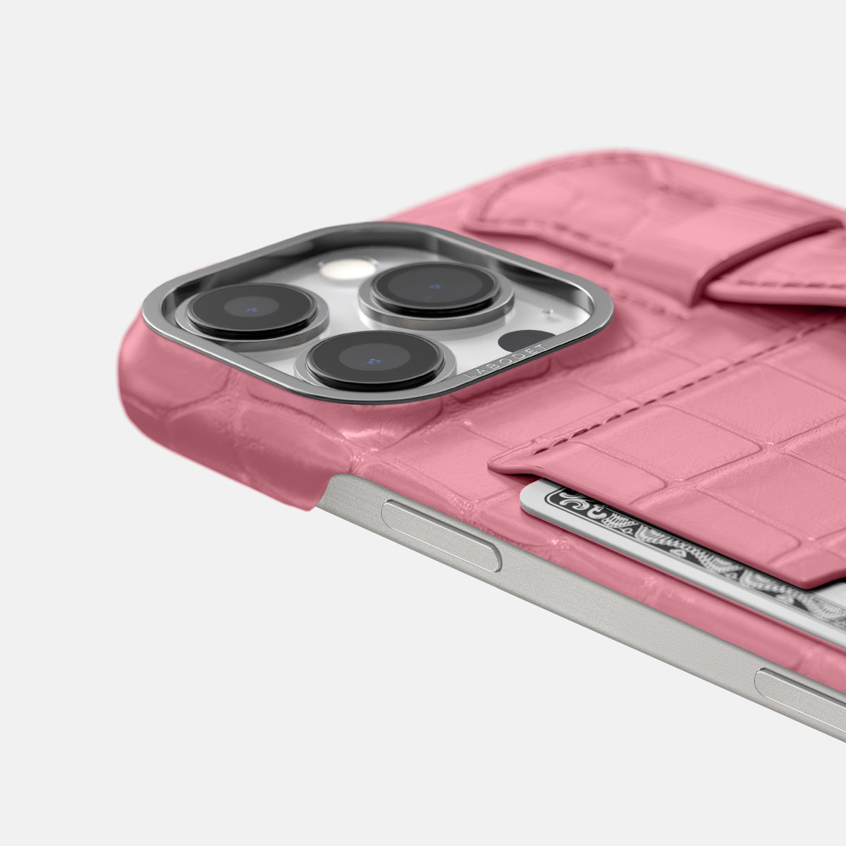 Pink iPhone 16 Pro Max Cardholder Strap Case Alligator with Steel Metal -5 | Pink-Steel
