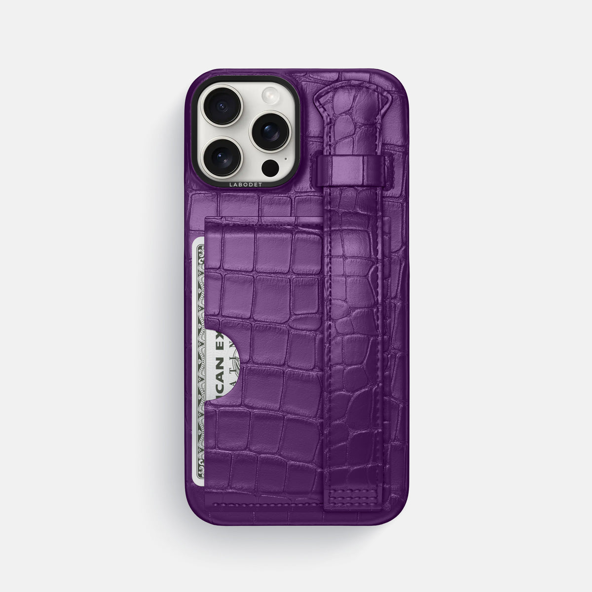 Purple iPhone 16 Pro Max Cardholder Strap Case Alligator with Black Metal -1 | Purple-Black
