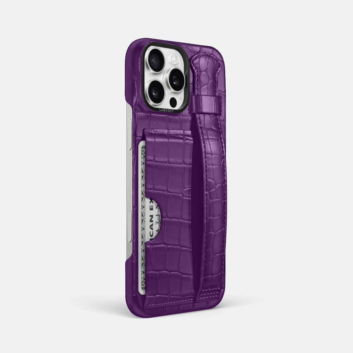 Purple iPhone 16 Pro Max Cardholder Strap Case Alligator with Black Metal -2 | Purple-Black