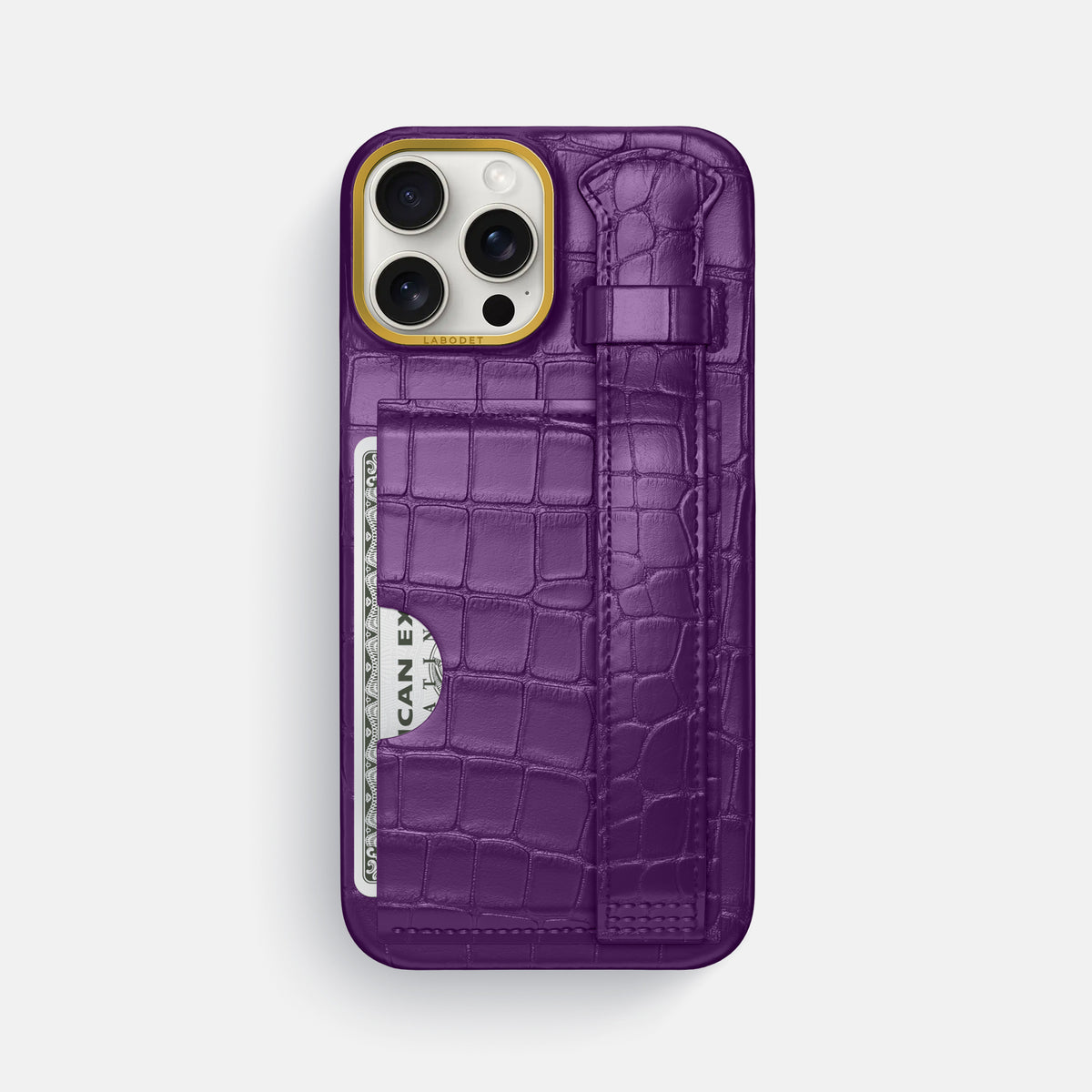 Purple iPhone 16 Pro Max Cardholder Strap Case In Alligator with Gold Metal -1 | Purple-Gold