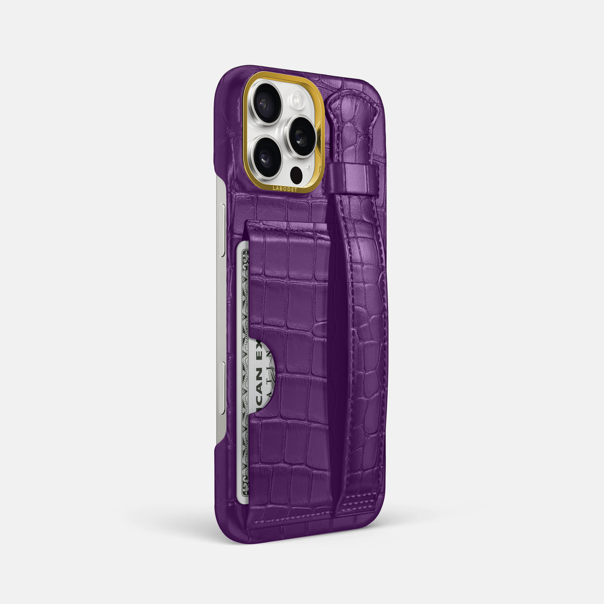 Purple iPhone 16 Pro Max Cardholder Strap Case In Alligator with Gold Metal -2 | Purple-Gold