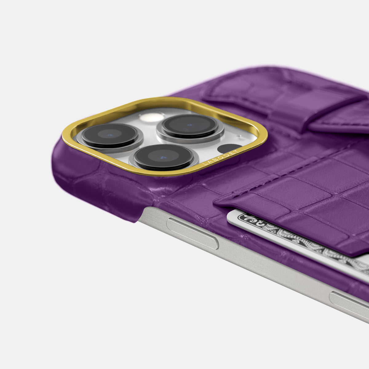Purple iPhone 16 Pro Max Cardholder Strap Case In Alligator with Gold Metal -5 | Purple-Gold