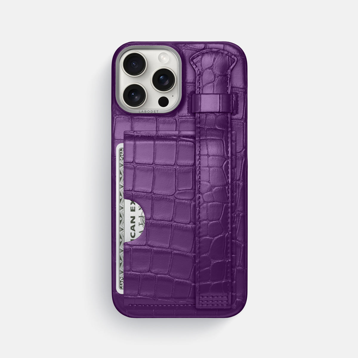 Purple iPhone 16 Pro Max Cardholder Strap Case Alligator with Steel Metal -1 | Purple-Steel