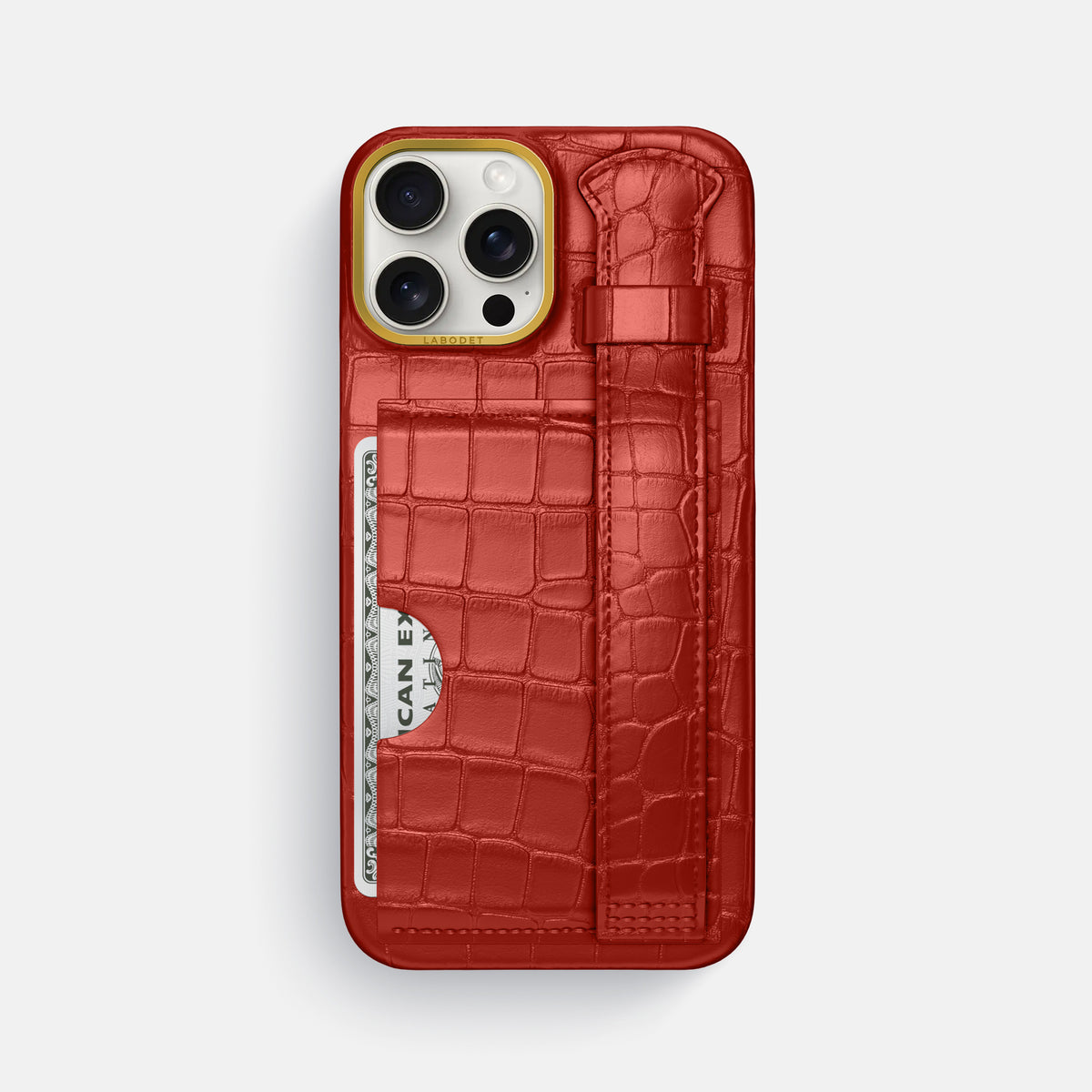 Red iPhone 16 Pro Max Cardholder Strap Case In Alligator with Gold Metal -1 | Red-Gold
