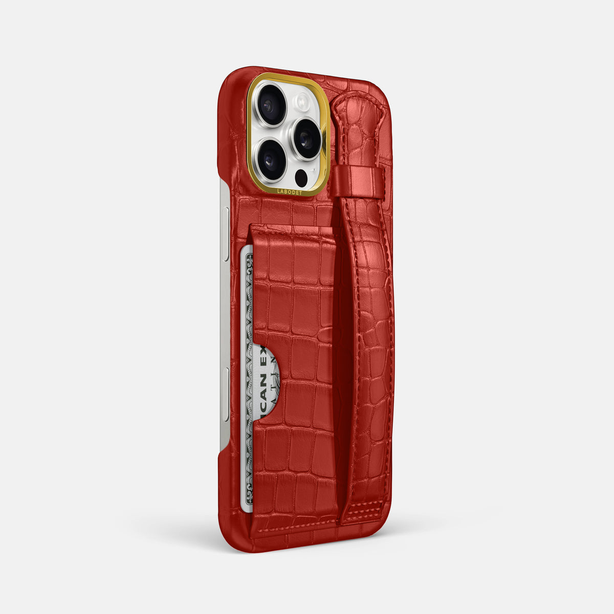 Red iPhone 16 Pro Max Cardholder Strap Case In Alligator with Gold Metal -2 | Red-Gold