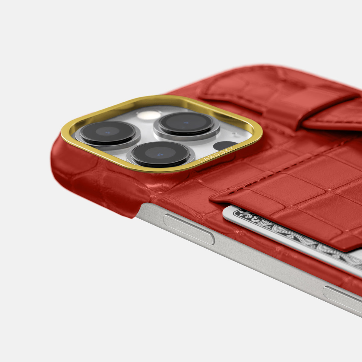 Red iPhone 16 Pro Max Cardholder Strap Case In Alligator with Gold Metal -5 | Red-Gold