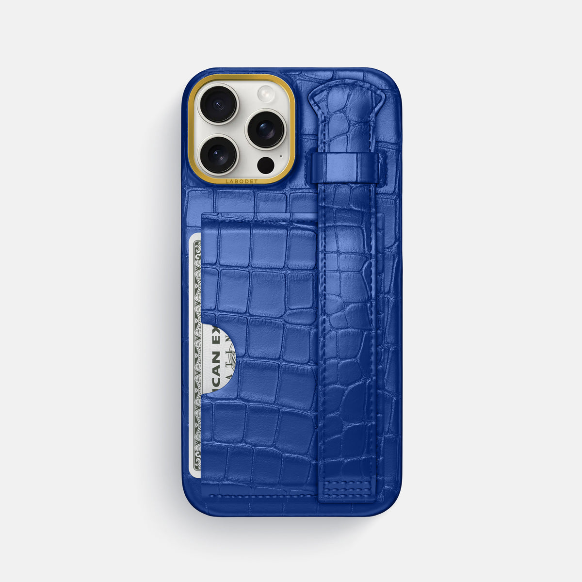 Royal Blue iPhone 16 Pro Max Cardholder Strap Case In Alligator with Gold Metal -1 | Royal-Blue-Gold