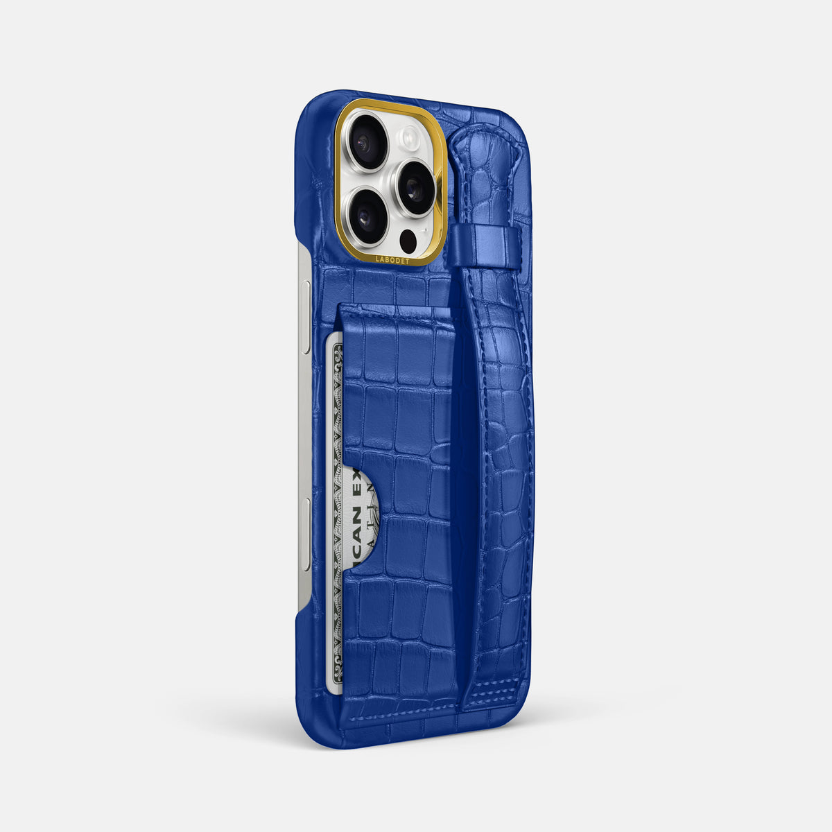 Royal Blue iPhone 16 Pro Max Cardholder Strap Case In Alligator with Gold Metal -2 | Royal-Blue-Gold