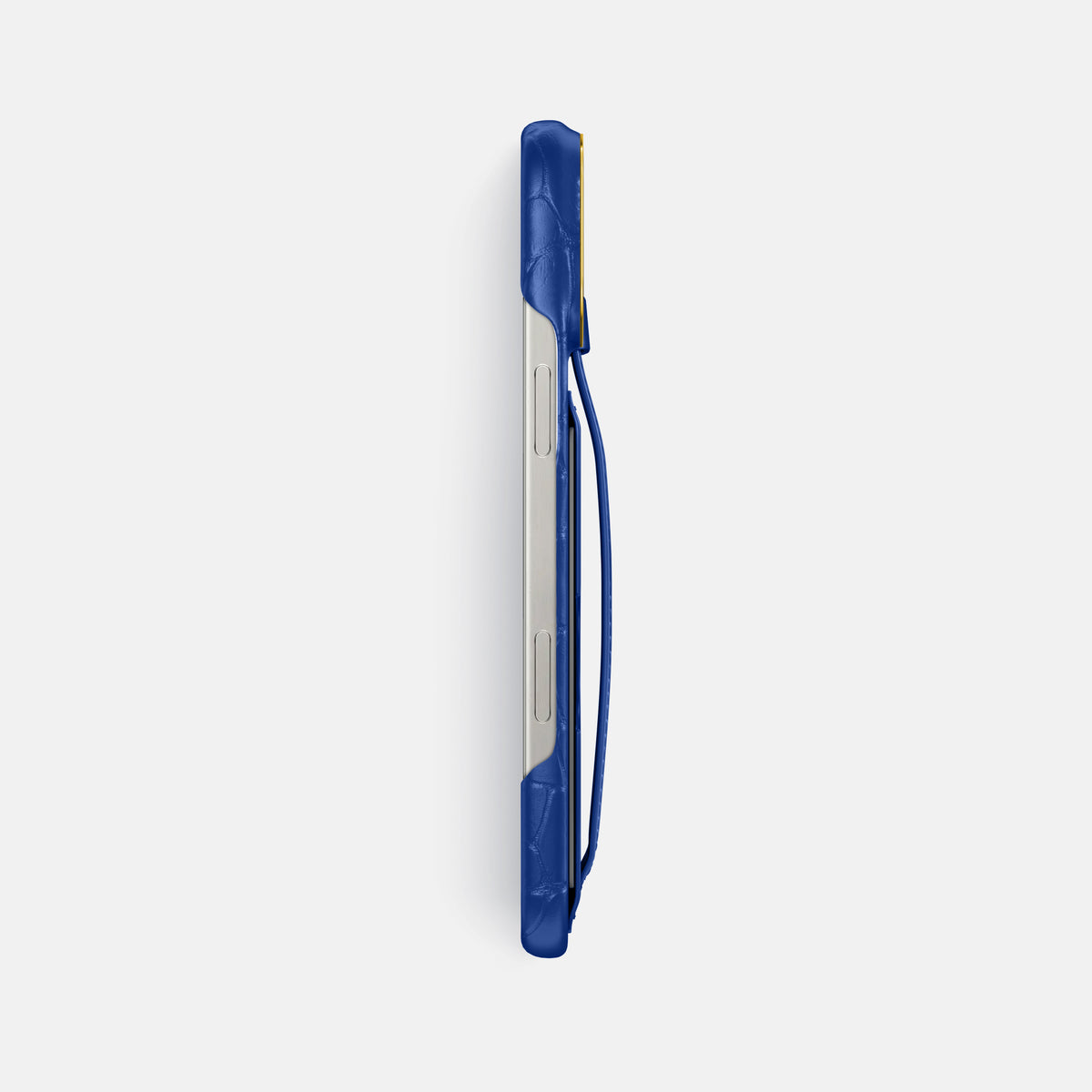 Royal Blue iPhone 16 Pro Max Cardholder Strap Case In Alligator with Gold Metal -3 | Royal-Blue-Gold