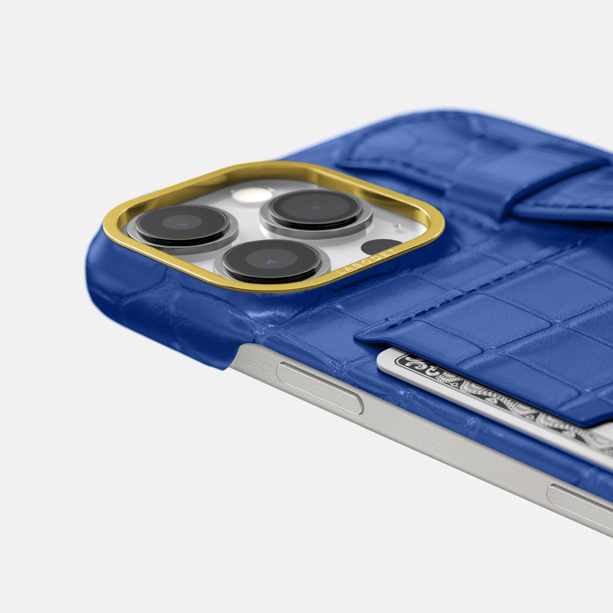 Royal Blue iPhone 16 Pro Max Cardholder Strap Case In Alligator with Gold Metal -5 | Royal-Blue-Gold