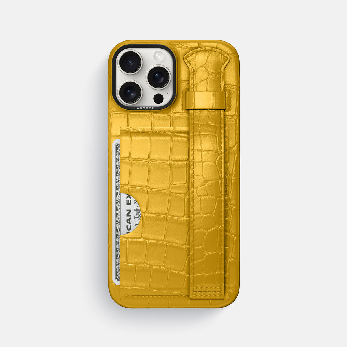 Yellow iPhone 16 Pro Max Cardholder Strap Case Alligator with Black Metal -1 | Yellow-Black