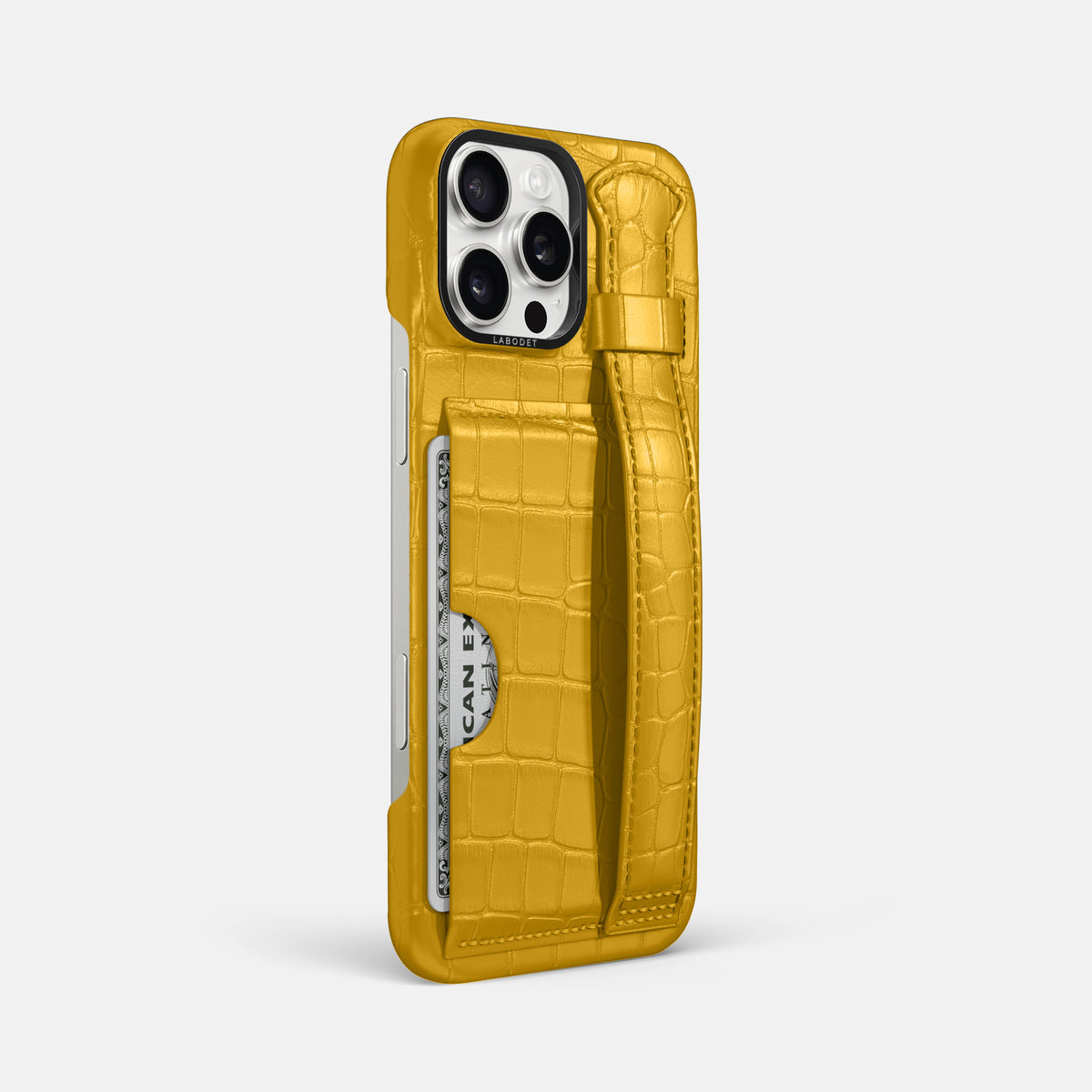 Yellow iPhone 16 Pro Max Cardholder Strap Case Alligator with Black Metal -2 | Yellow-Black