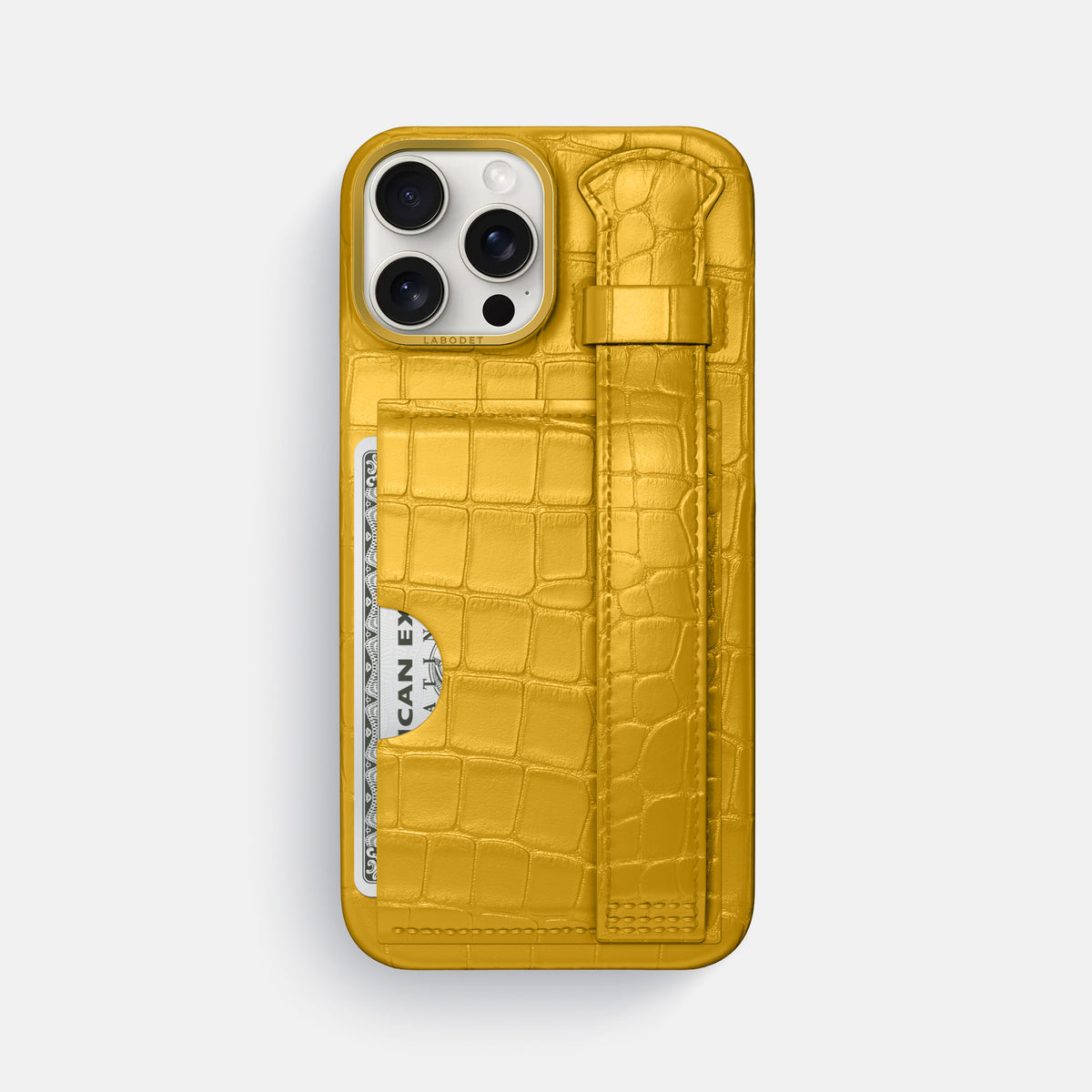 Yellow iPhone 16 Pro Max Cardholder Strap Case In Alligator with Gold Metal -1 | Yellow-Gold