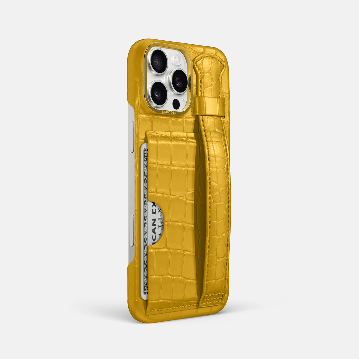 Yellow iPhone 16 Pro Max Cardholder Strap Case In Alligator with Gold Metal -2 | Yellow-Gold