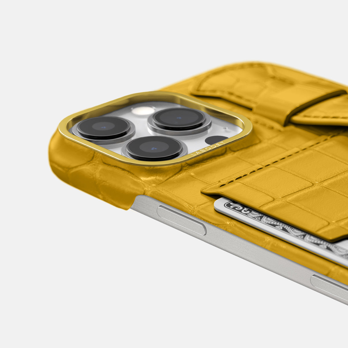 Yellow iPhone 16 Pro Max Cardholder Strap Case In Alligator with Gold Metal -5 | Yellow-Gold