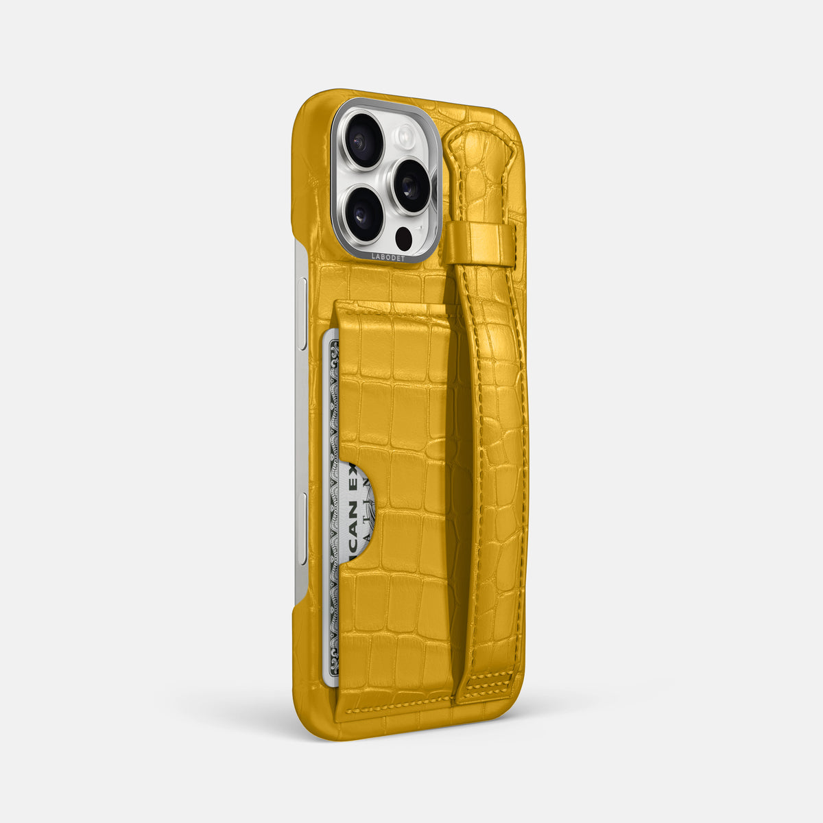 Yellow iPhone 16 Pro Max Cardholder Strap Case Alligator with Steel Metal -2 | Yellow-Steel