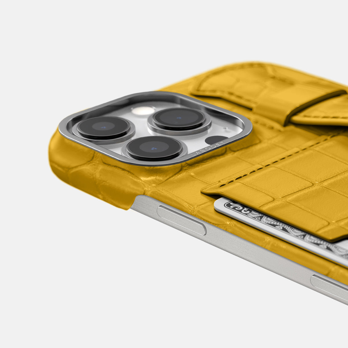 Yellow iPhone 16 Pro Max Cardholder Strap Case Alligator with Steel Metal -5 | Yellow-Steel