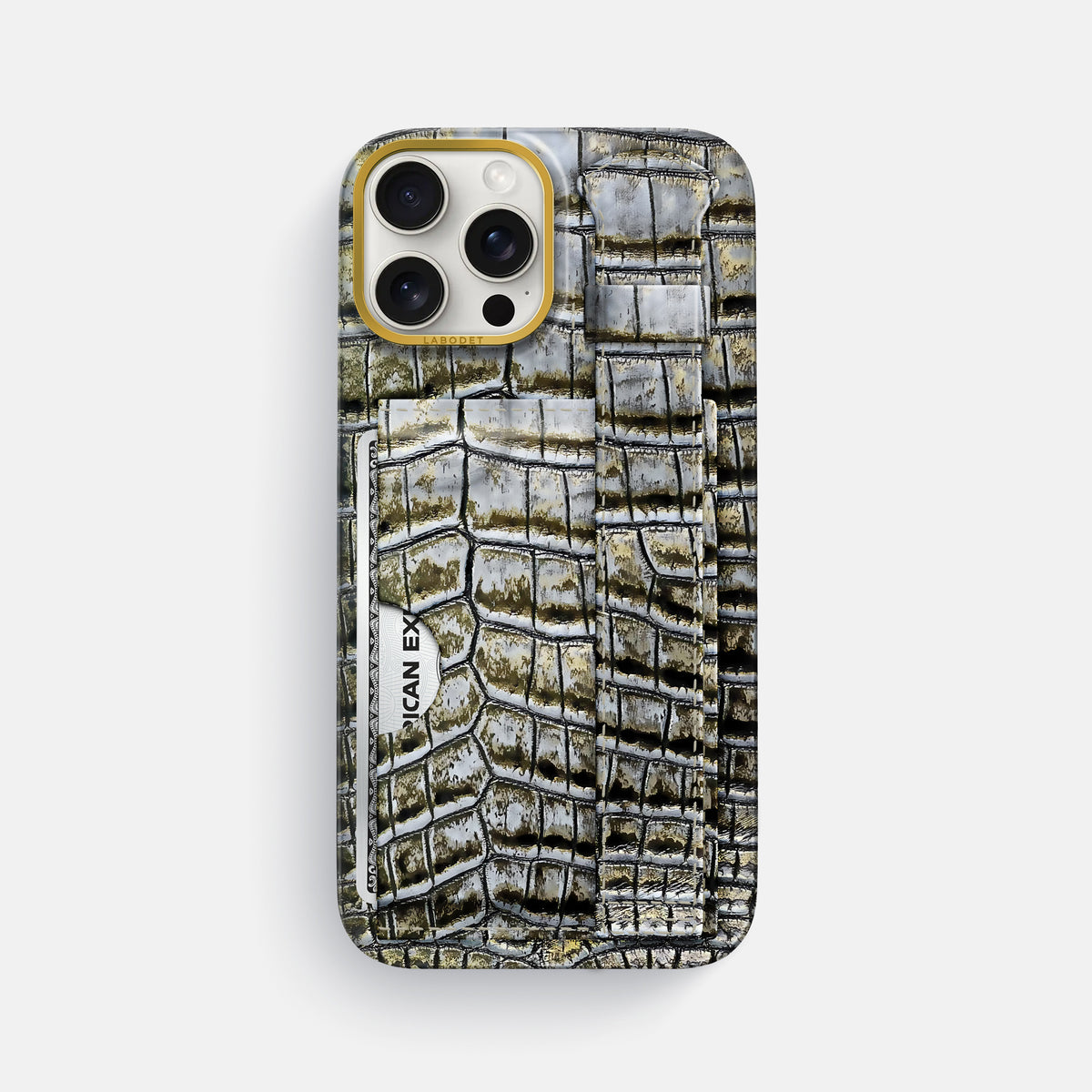 Antique-Bronze iPhone 16 Pro Max Cardholder Strap Himalayan Crocodile with Gold Metal -1 | Antique-Bronze-Gold