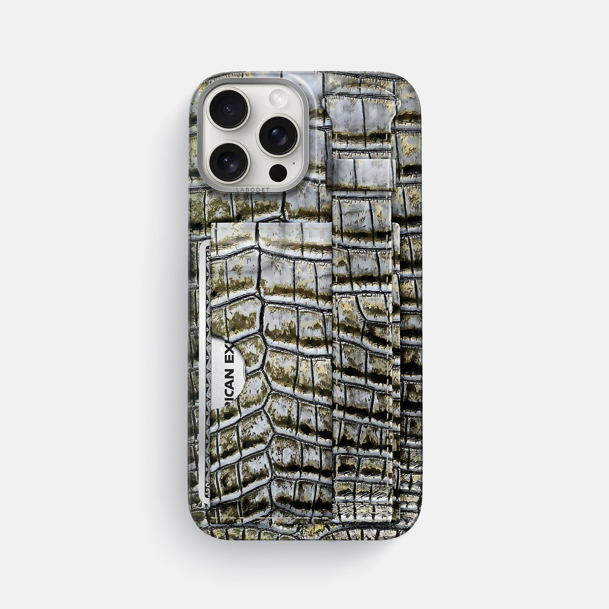 Antique-Bronze iPhone 16 Pro Max Cardholder Strap Himalayan Crocodile with Steel Metal -1 | Antique-Bronze-Steel