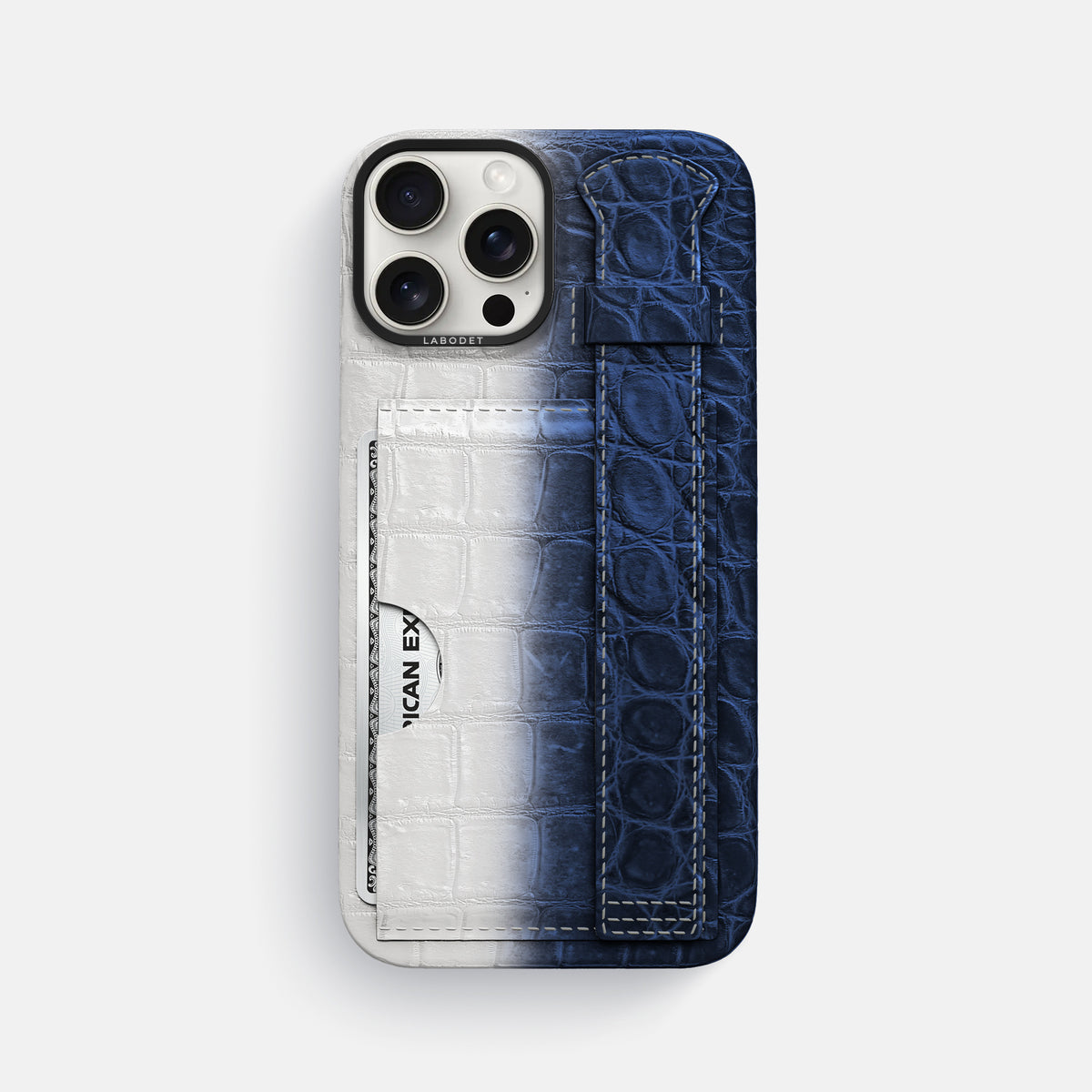 Navy Blue iPhone 16 Pro Max Cardholder Strap Himalayan Crocodile with Black Metal -1 | Navy-Blue-Black