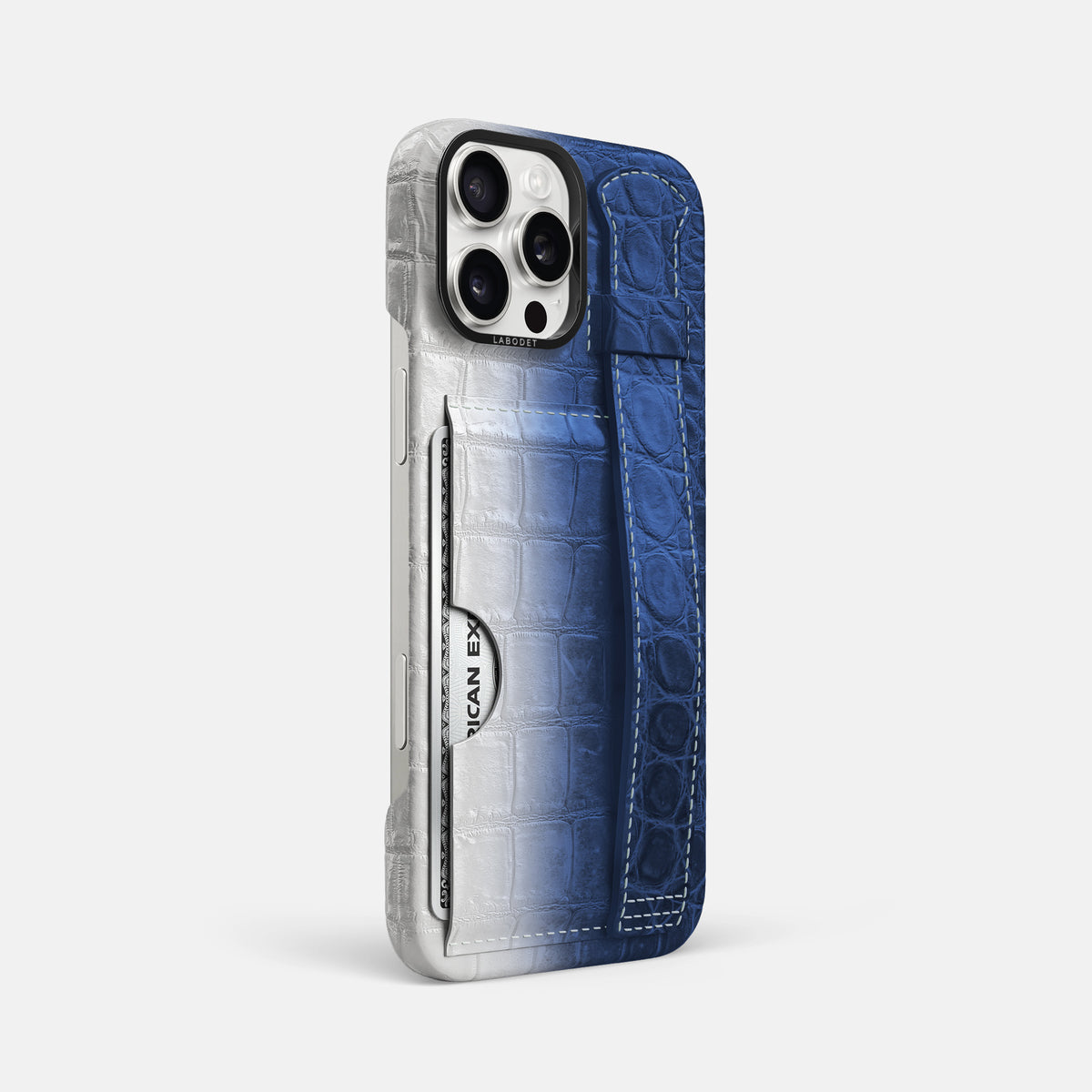 Navy Blue iPhone 16 Pro Max Cardholder Strap Himalayan Crocodile with Black Metal -2 | Navy-Blue-Black