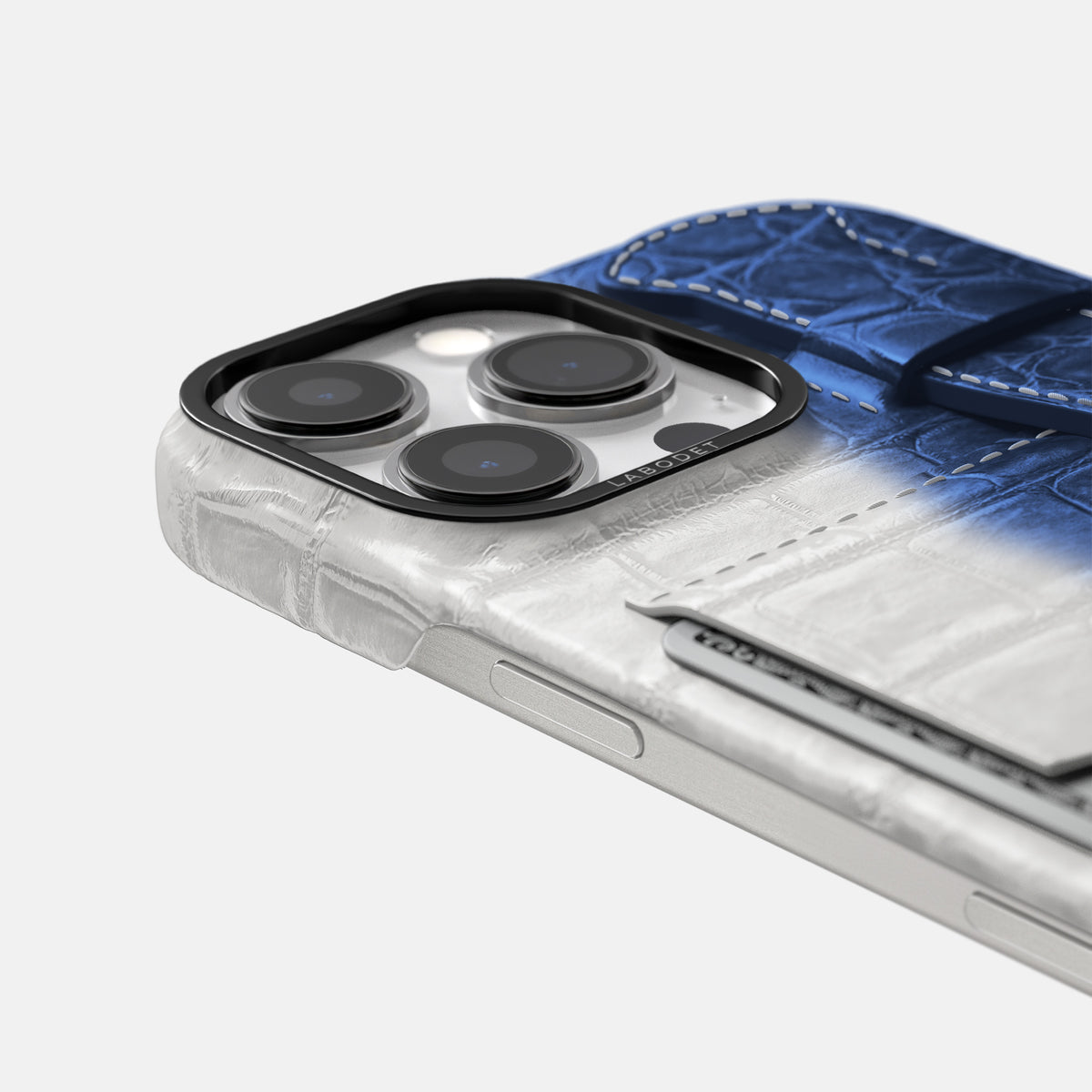 Navy Blue iPhone 16 Pro Max Cardholder Strap Himalayan Crocodile with Black Metal -5 | Navy-Blue-Black