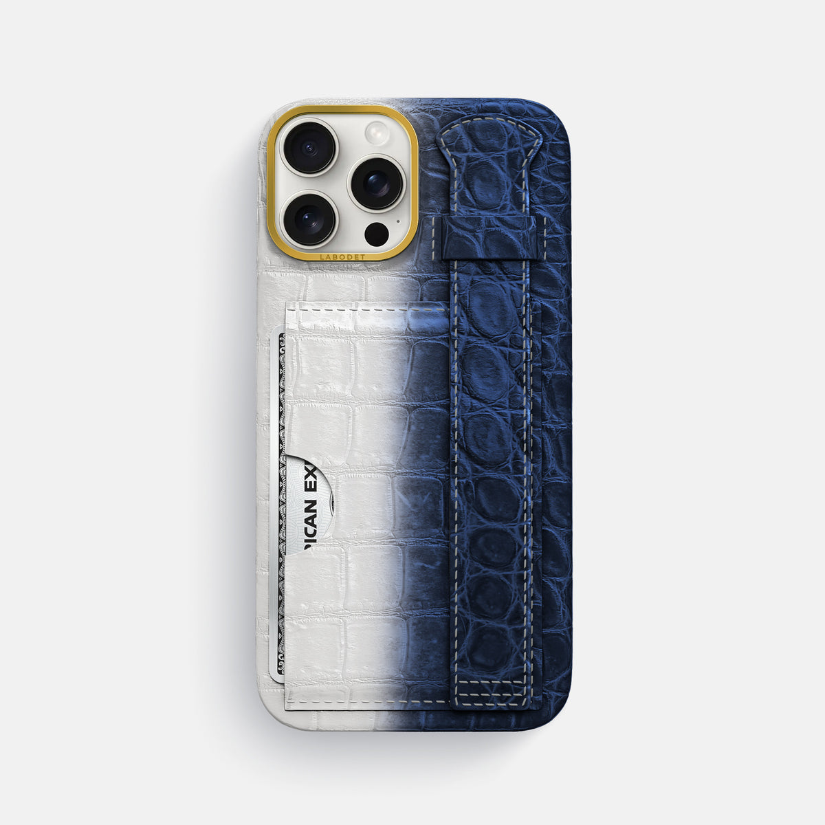 Navy Blue iPhone 16 Pro Max Cardholder Strap Himalayan Crocodile with Gold Metal -1 | Navy-Blue-Gold