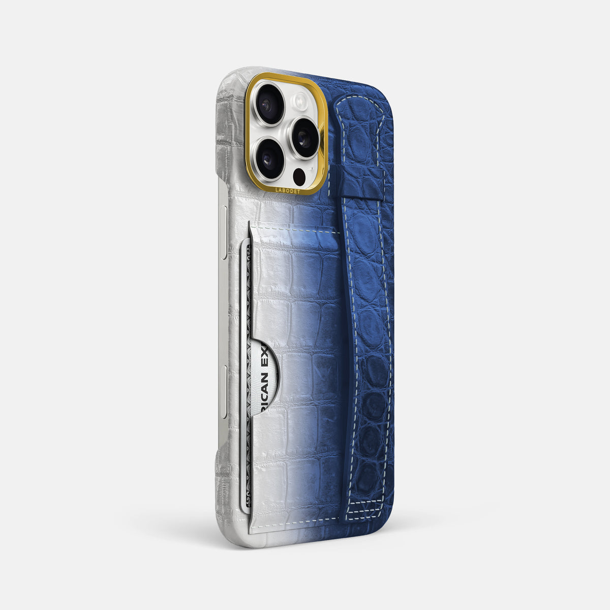 Navy Blue iPhone 16 Pro Max Cardholder Strap Himalayan Crocodile with Gold Metal -2 | Navy-Blue-Gold
