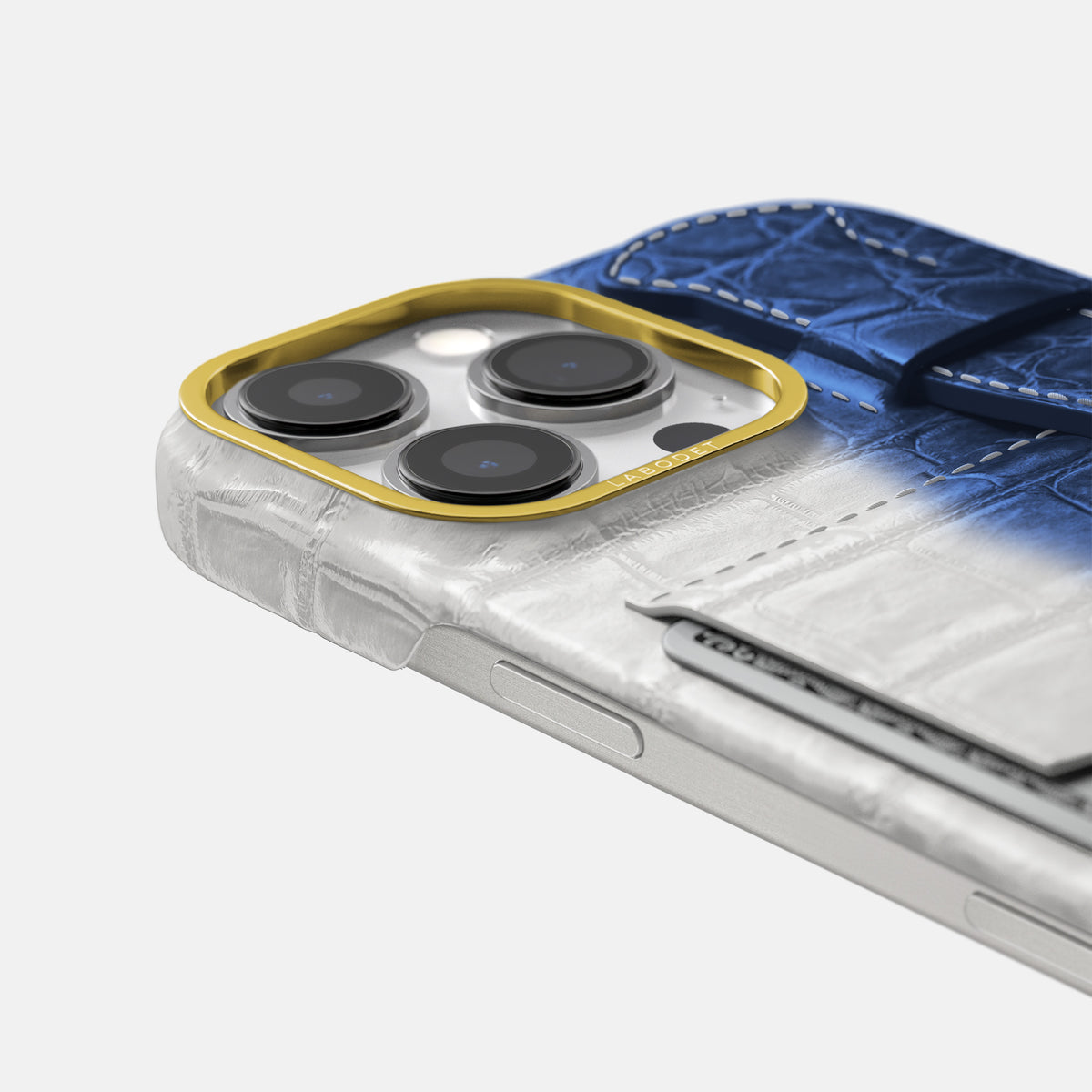 Navy Blue iPhone 16 Pro Max Cardholder Strap Himalayan Crocodile with Gold Metal -5 | Navy-Blue-Gold
