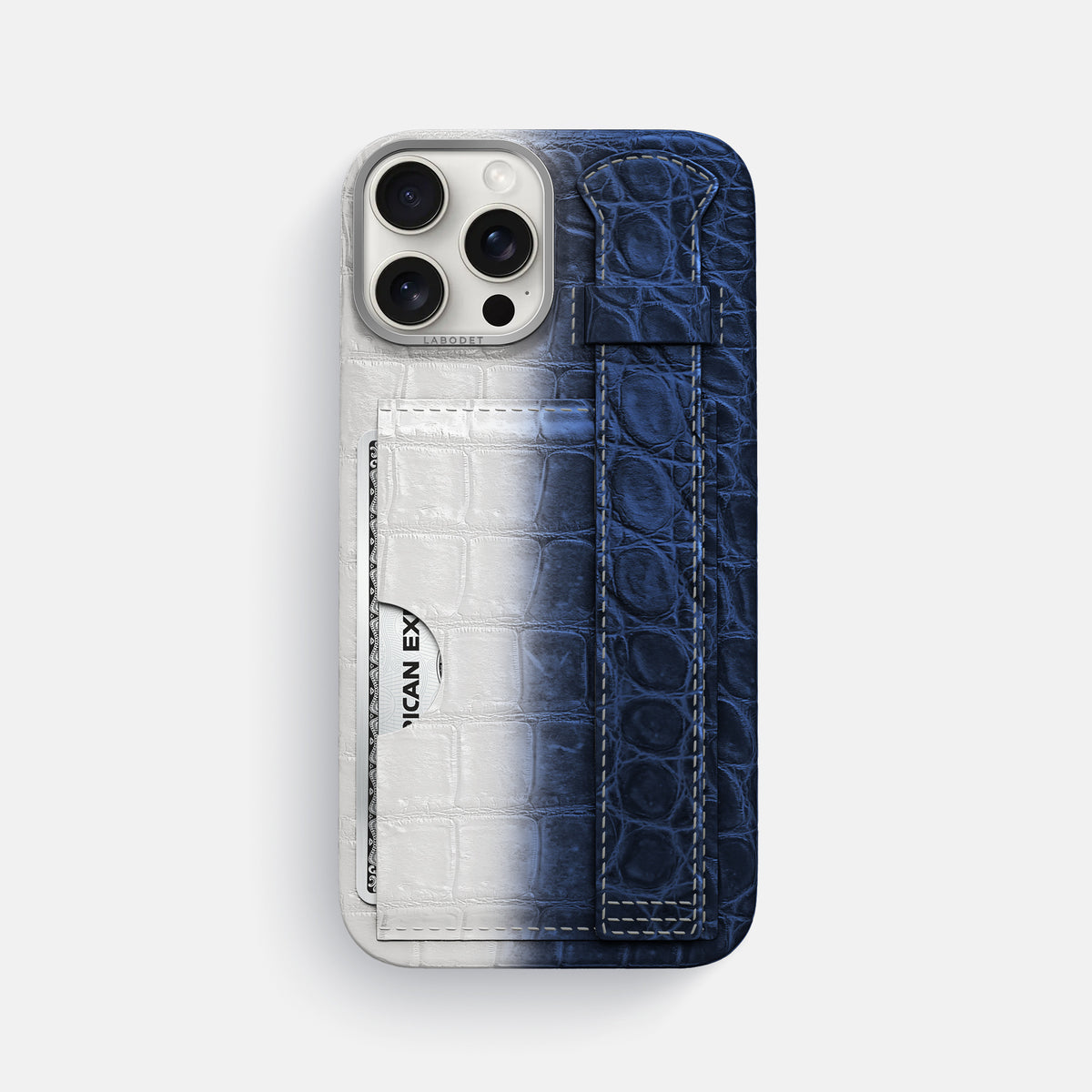 Navy Blue iPhone 16 Pro Max Cardholder Strap Himalayan Crocodile with Steel Metal -1 | Navy-Blue-Steel