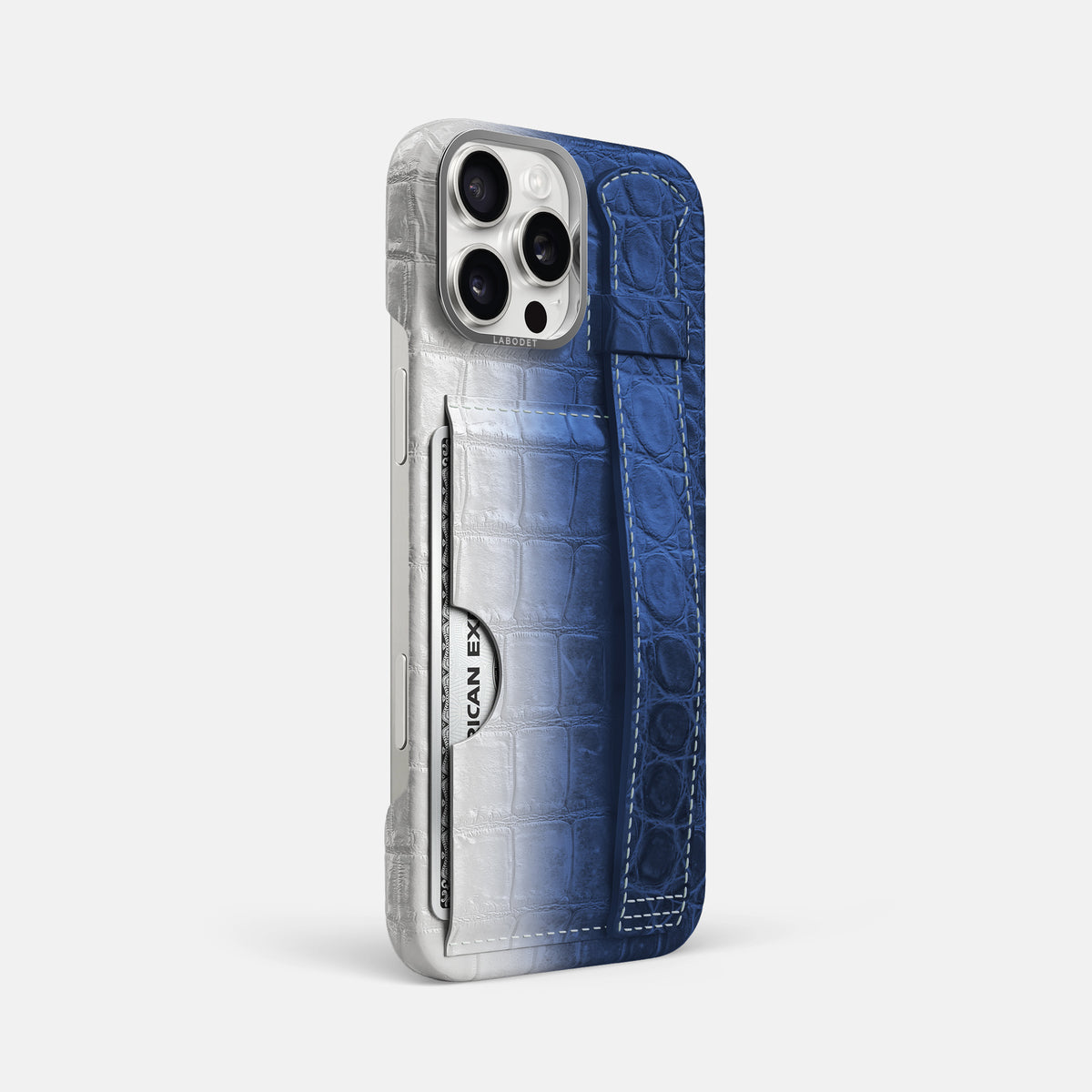 Navy Blue iPhone 16 Pro Max Cardholder Strap Himalayan Crocodile with Steel Metal -2 | Navy-Blue-Steel