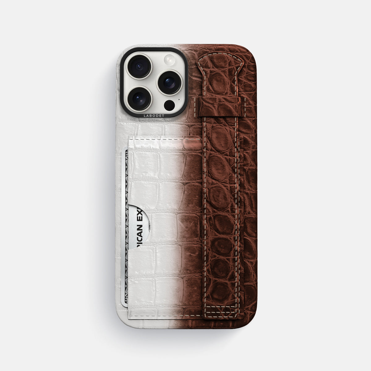 Dark Brown iPhone 16 Pro Max Cardholder Strap Himalayan Crocodile with Black Metal -1 | Dark-Brown-Black