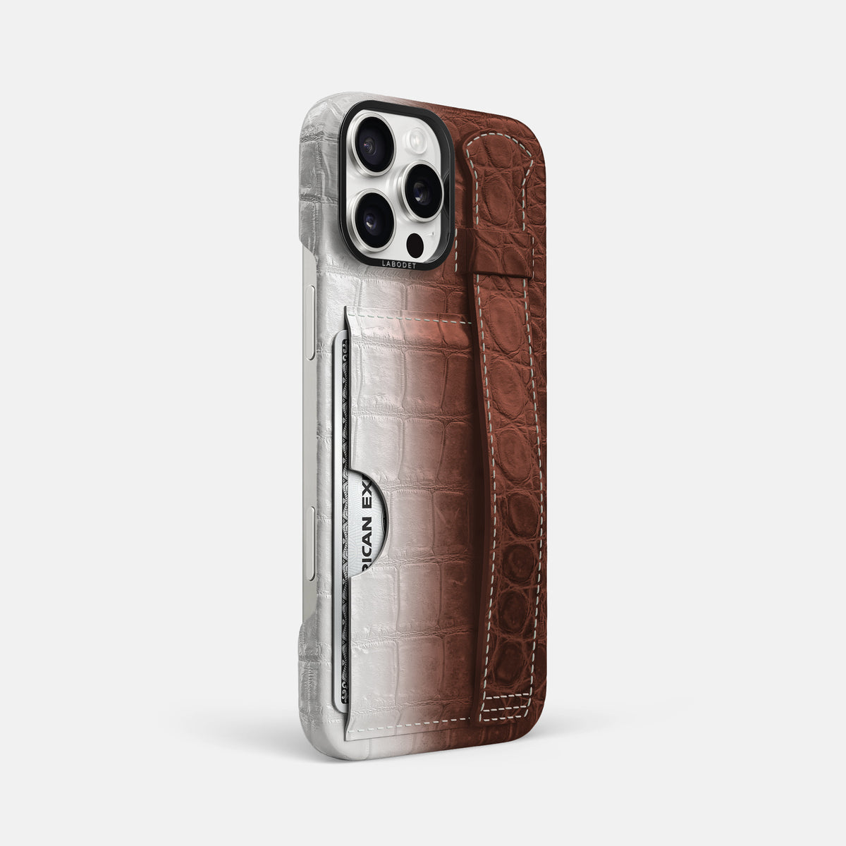Dark Brown iPhone 16 Pro Max Cardholder Strap Himalayan Crocodile with Black Metal -2 | Dark-Brown-Black