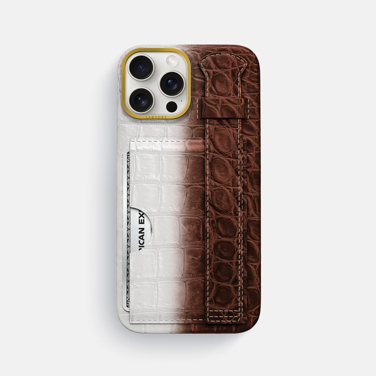 Dark Brown iPhone 16 Pro Max Cardholder Strap Himalayan Crocodile with Gold Metal -1 | Dark-Brown-Gold