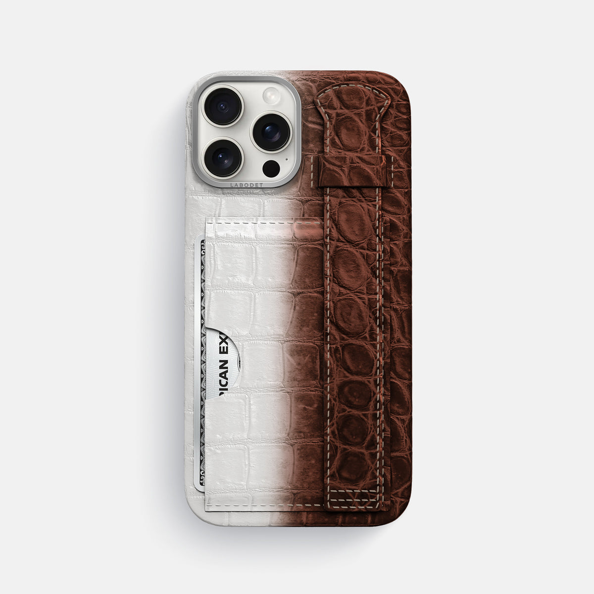 Dark Brown iPhone 16 Pro Max Cardholder Strap Himalayan Crocodile with Steel Metal -1 | Dark-Brown-Steel