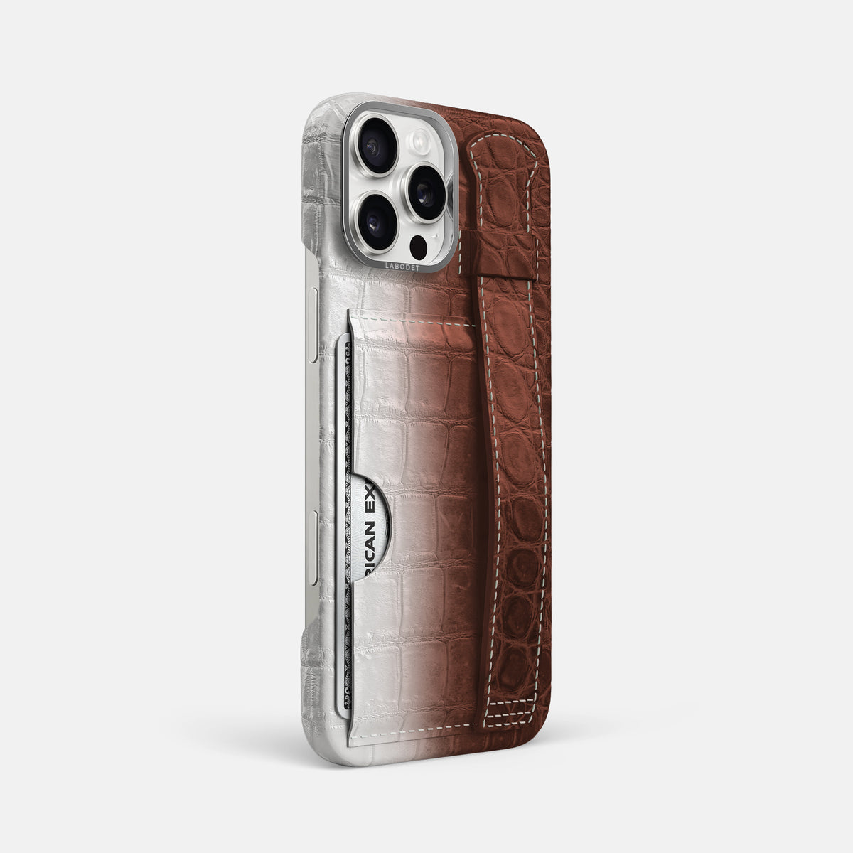 Dark Brown iPhone 16 Pro Max Cardholder Strap Himalayan Crocodile with Steel Metal -2 | Dark-Brown-Steel
