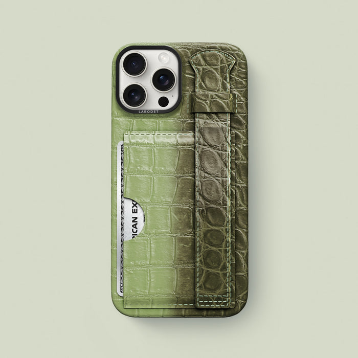 Celadon Green iPhone 16 Max Pro Cardholder Strap Case In Himalayan Crocodile with Black Metal -1 | Celadon-Green-Black