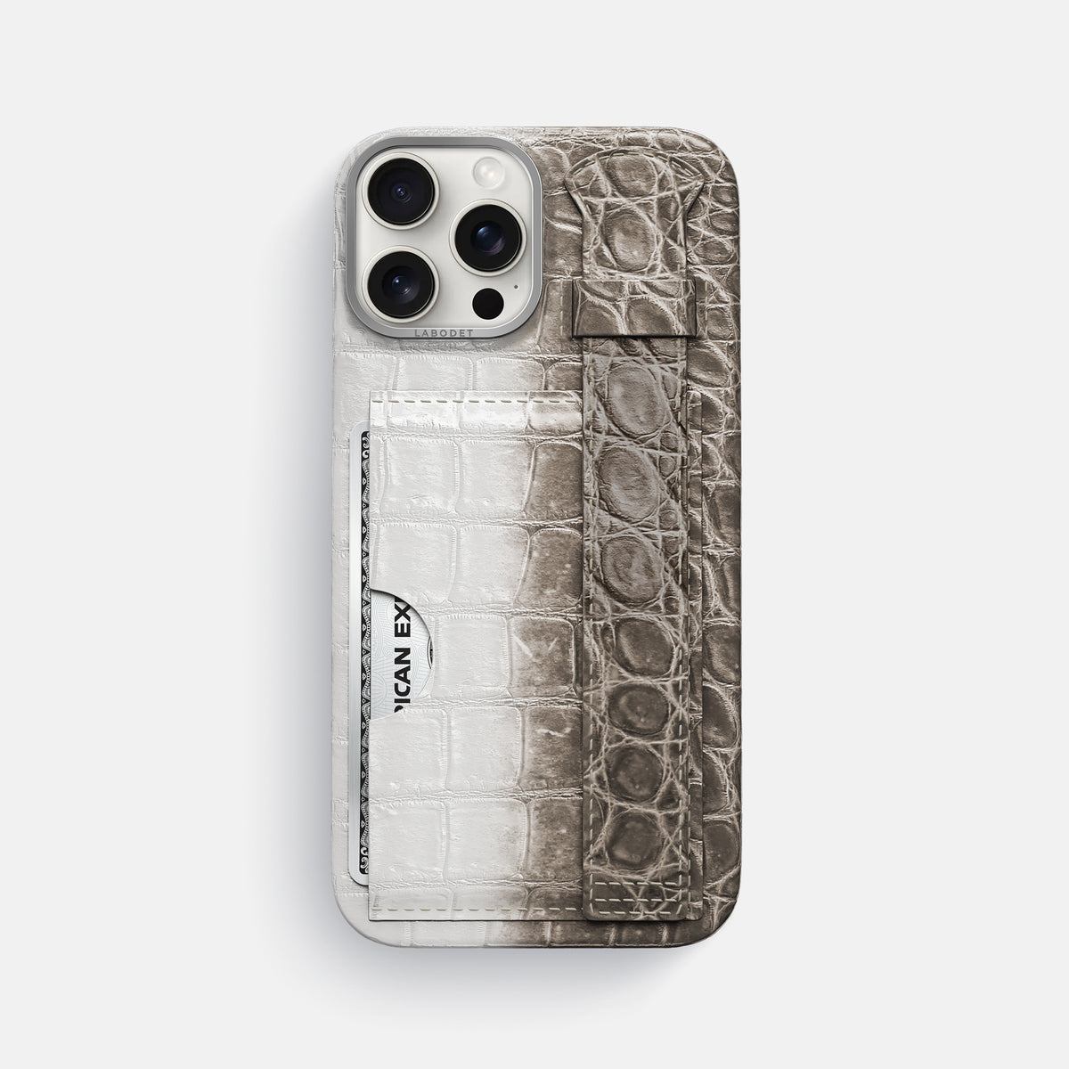 Dark iPhone 16 Pro Max Cardholder Strap Himalayan Crocodile with Steel Metal -1 | Dark-Steel