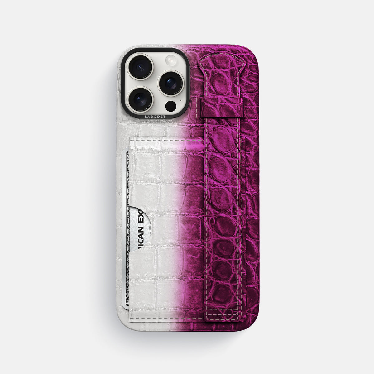 Fuchsia iPhone 16 Pro Max Cardholder Strap Himalayan Crocodile with Black Metal -1 | Fuchsia-Black