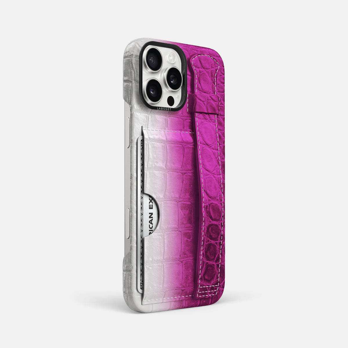 Fuchsia iPhone 16 Pro Max Cardholder Strap Himalayan Crocodile with Black Metal -2 | Fuchsia-Black