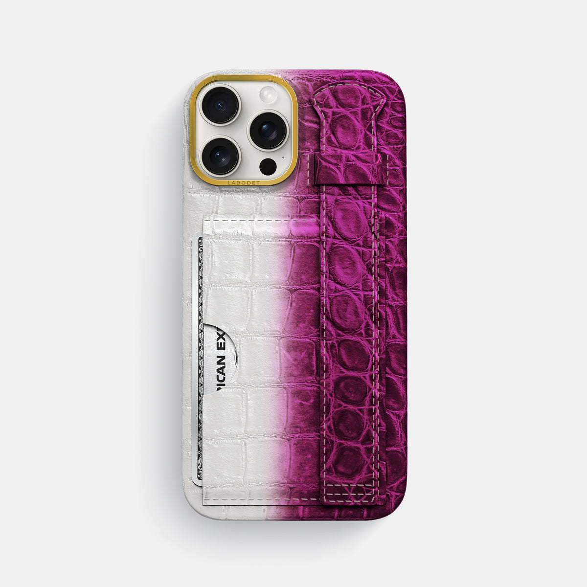Fuchsia iPhone 16 Pro Max Cardholder Strap Himalayan Crocodile with Gold Metal -1 | Fuchsia-Gold