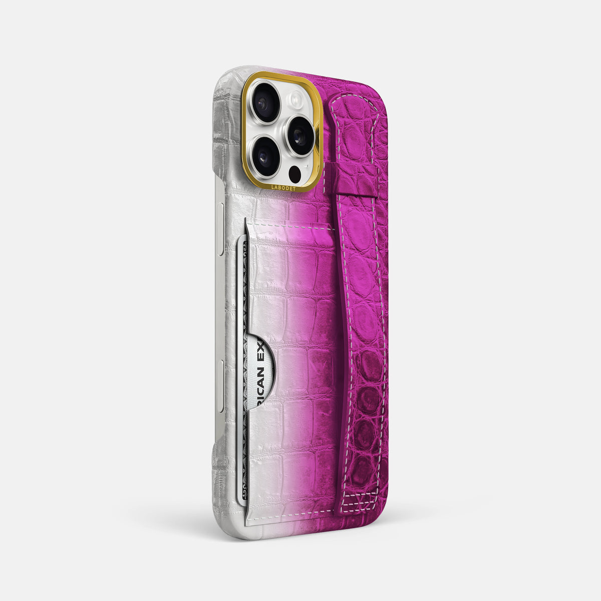 Fuchsia iPhone 16 Pro Max Cardholder Strap Himalayan Crocodile with Gold Metal -2 | Fuchsia-Gold