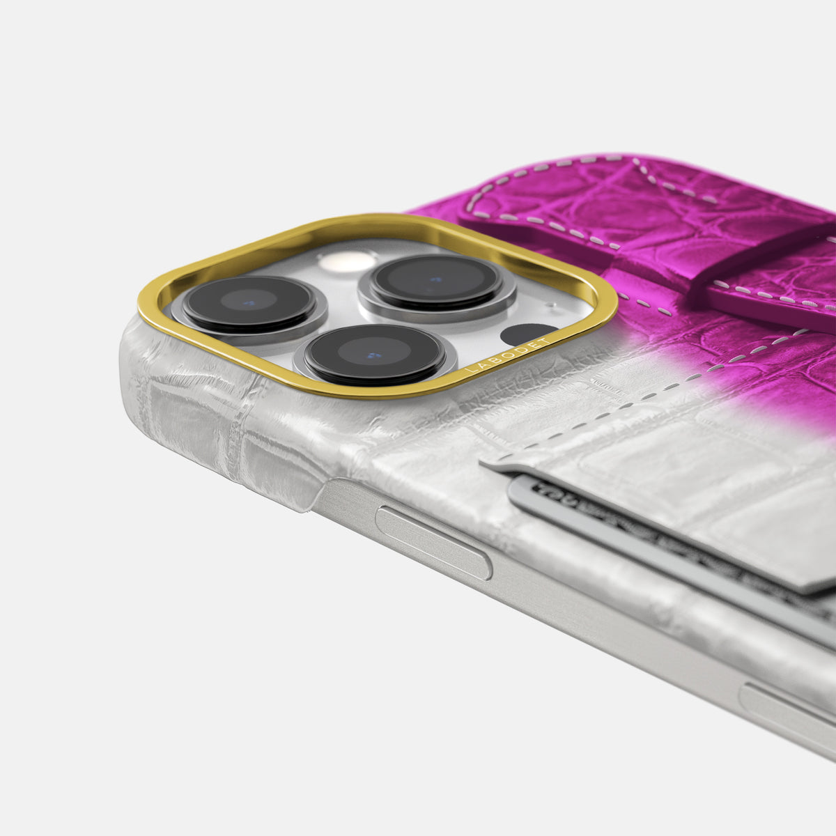 Fuchsia iPhone 16 Pro Max Cardholder Strap Himalayan Crocodile with Gold Metal -5 | Fuchsia-Gold