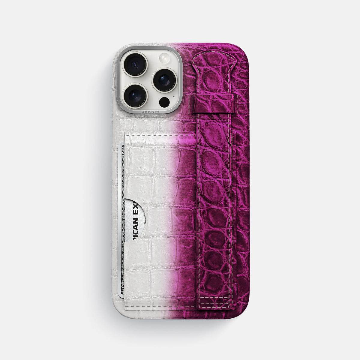 Fuchsia iPhone 16 Pro Max Cardholder Strap Himalayan Crocodile with Steel Metal -1 | Fuchsia-Steel