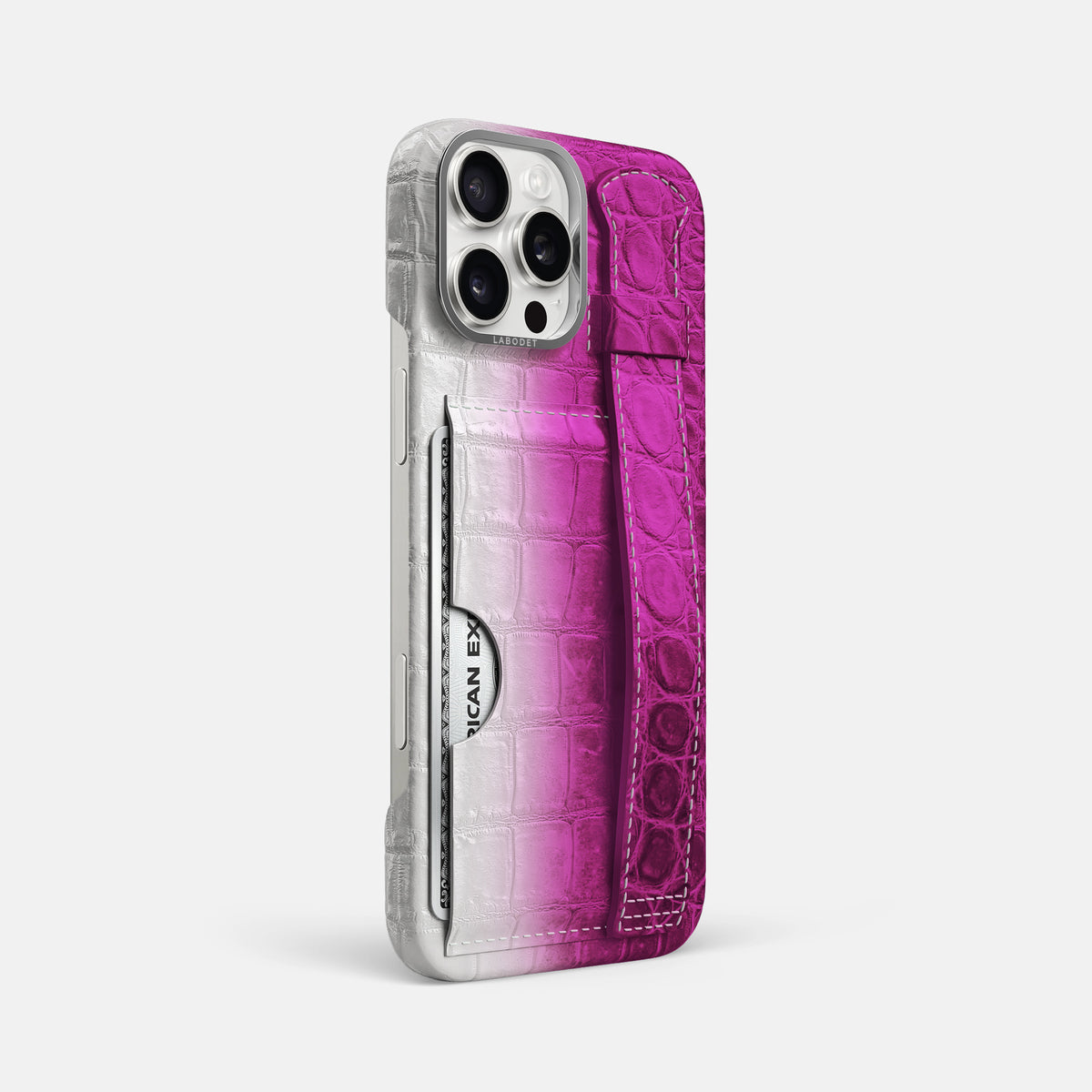Fuchsia iPhone 16 Pro Max Cardholder Strap Himalayan Crocodile with Steel Metal -2 | Fuchsia-Steel
