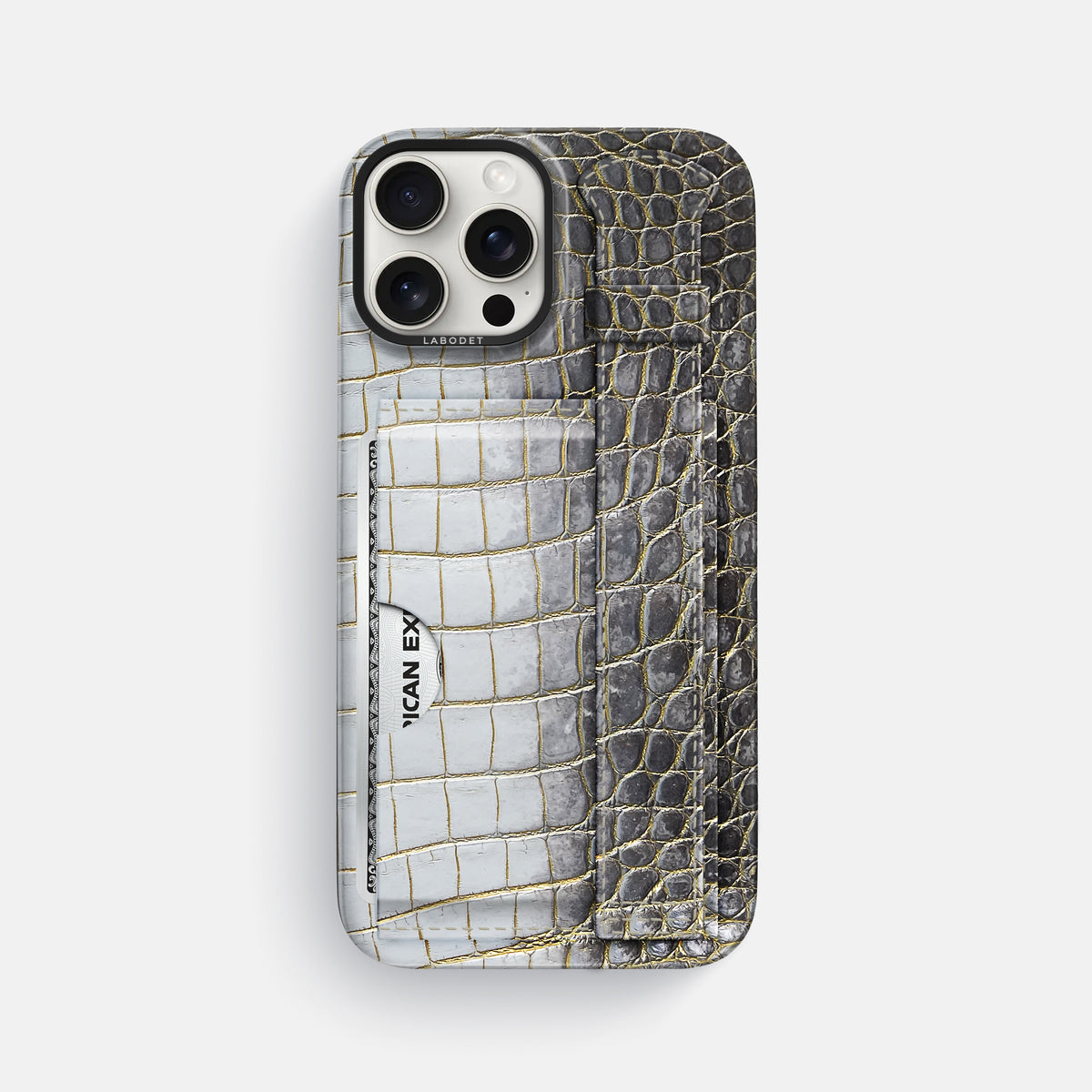 Gold iPhone 16 Pro Max Cardholder Strap Himalayan Crocodile with Black Metal -1 | Gold-Black