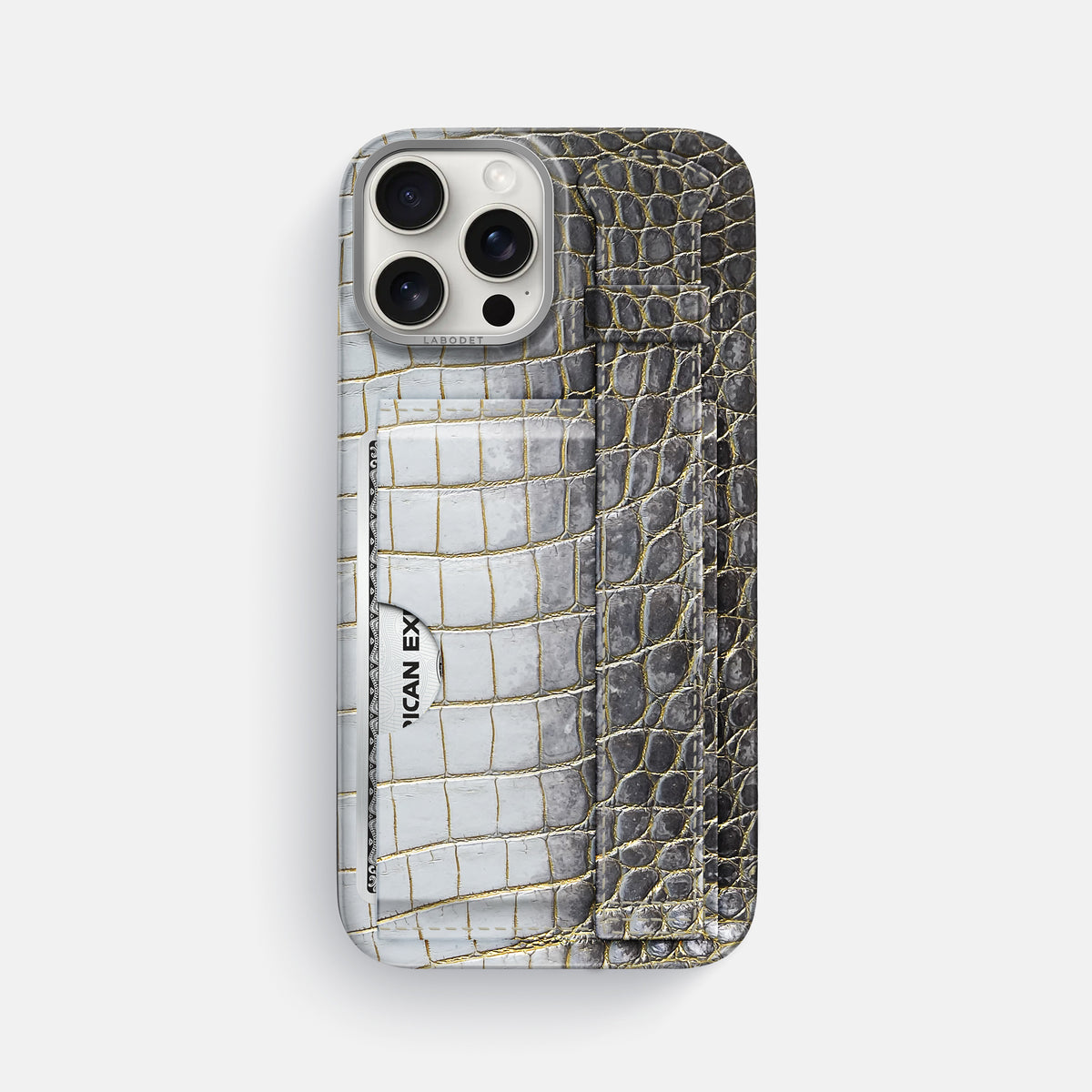 Gold iPhone 16 Pro Max Cardholder Strap Himalayan Crocodile with Steel Metal -1 | Gold-Steel