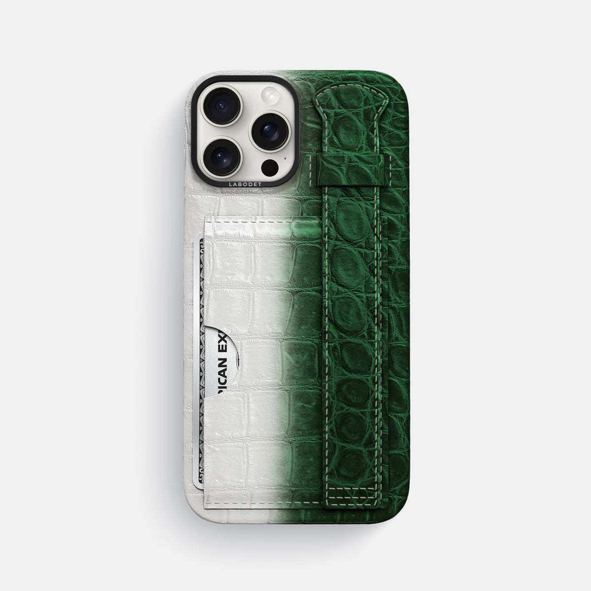 Green iPhone 16 Pro Max Cardholder Strap Himalayan Crocodile with Black Metal -1 | Green-Black