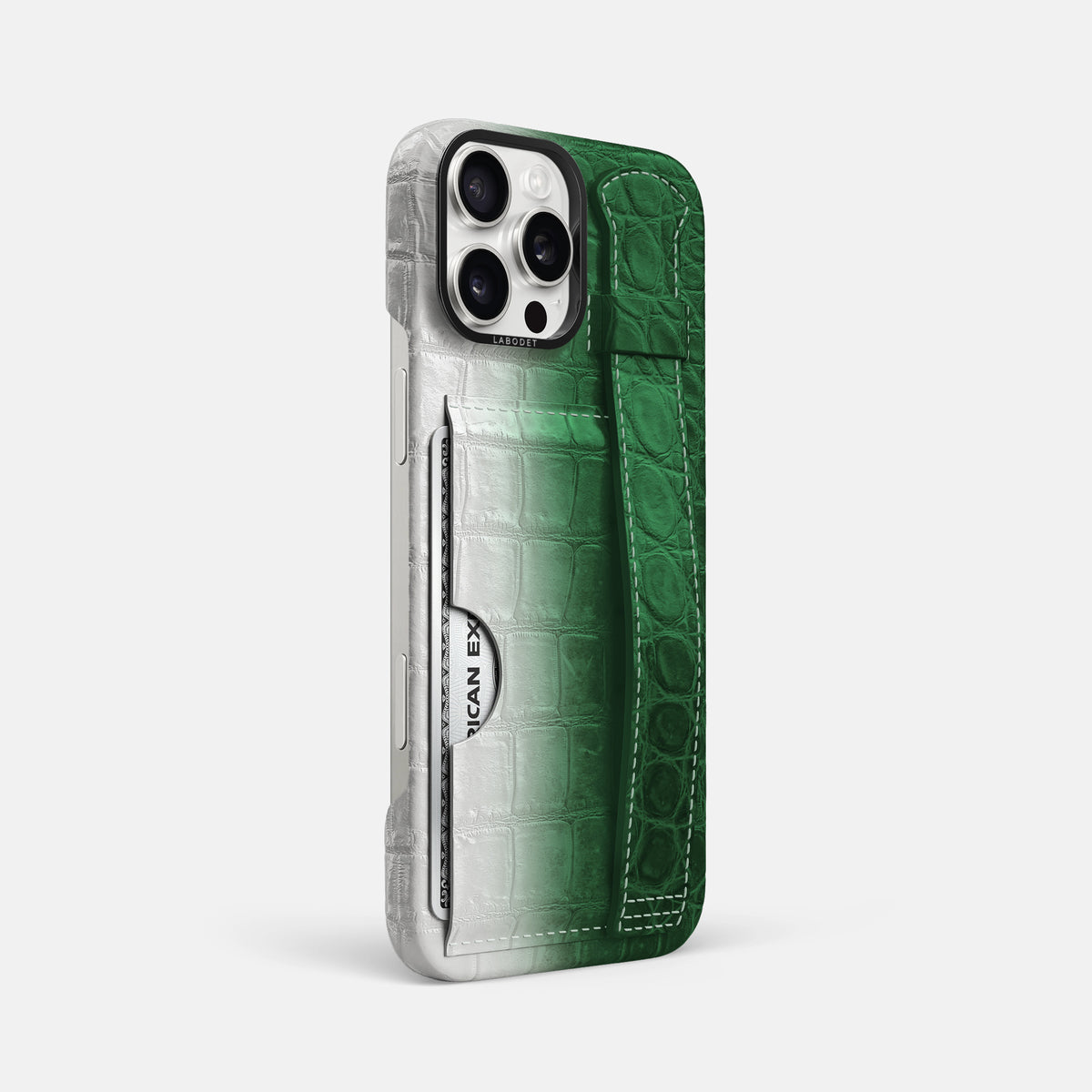 Green iPhone 16 Pro Max Cardholder Strap Himalayan Crocodile with Black Metal -2 | Green-Black