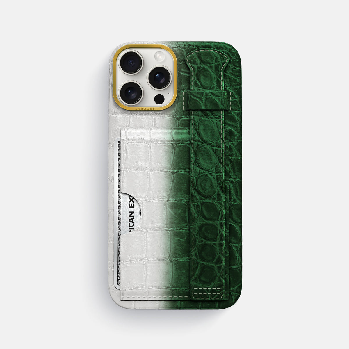 Green iPhone 16 Pro Max Cardholder Strap Himalayan Crocodile with Gold Metal -1 | Green-Gold